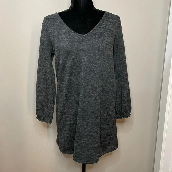 Jolie Dark Gray V Neck Super Soft Top with Tie Back - Picture 1 of 9
